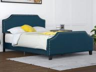 sleep in style: mecor's blue linen queen platform bed with curved nailhead detail and height-adjustable headboard logo