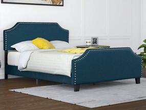 img 4 attached to Sleep In Style: Mecor'S Blue Linen Queen Platform Bed With Curved Nailhead Detail And Height-Adjustable Headboard