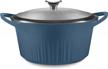 corningware 5.5 quart quickheat dutch oven pot with lid, non-stick ceramic coating, lightweight and even heat cooking, ideal for baking, frying, searing and more, in french navy logo