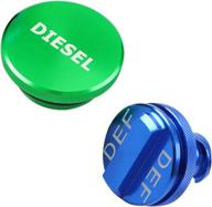 green magnetic aluminum billet fuel cap and blue non-magnetic def cap - compatible with dodge ram trucks 2013-2019 (1500, 2500, 3500) - set of 2 aluminum fuel tank caps logo