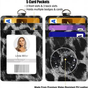 img 3 attached to Leopard Print PU Leather Vertical ID Badge Card Holder With 1 Clear Window, 4 Credit Card Slots And Detachable Neck Lanyard