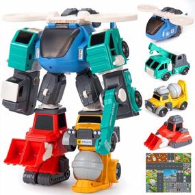 img 4 attached to Игрушки-роботы для детей в возрасте от 3 до 8 лет, набор из 32 магнитных строительных грузовиков с игровым ковриком, идея подарка на день рождения для мальчиков