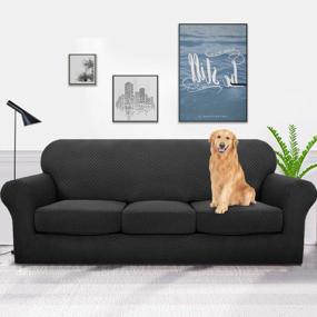 img 3 attached to YEMYHOM 4 Piece Couch Covers: High Stretch Thickened Sofa Cover For Dogs, Anti Slip Elastic Slipcovers Living Room Furniture Protector (3 Cushion Sofa, Black)