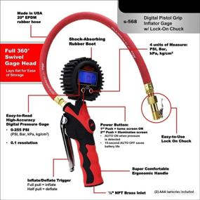 img 2 attached to 🔧 Milton Heavy-Duty Tire Pressure Gauge and Inflator with Lock-on Chuck S-568, Easy-to-Read 0.1 Display, Ergonomic Pistol Grip Handle, 20” Hose, 255 PSI Max Pressure, 1/4" NPT (PSI, kPa, Bar, and kg/cm2)