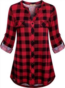 img 4 attached to Miusey Plaid Tunic Blouse With Roll-Up Sleeves And Button Down Front For Women - Casual Work Tops
