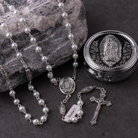 img 2 attached to HanlinCC 6 мм стеклянные жемчужные бусины католические четки Богоматери Гваделупской ожерелье для женщин и мужчин с центральной частью Девы Марии и распятием с металлической подарочной коробкой