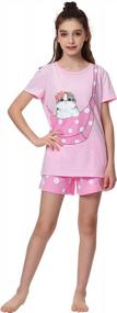 img 3 attached to Girls Cat Pajamas Kids Sleepwear Matching Tee Shirt Loungewear Summer PJs Set 6-16