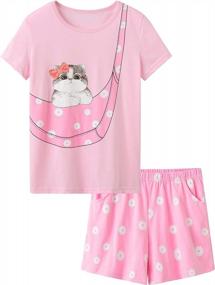 img 4 attached to Girls Cat Pajamas Kids Sleepwear Matching Tee Shirt Loungewear Summer PJs Set 6-16