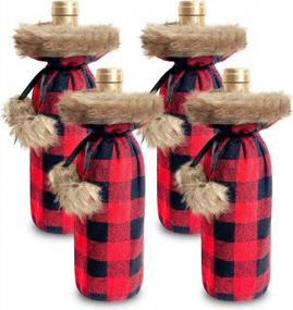 img 4 attached to Festive And Cozy: 4-Pack Of Townshine Christmas Buffalo Plaid Faux Fur Wine Bottle Covers For Xmas Dinner Party Decor