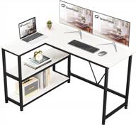 compact white l shaped desk with storage shelf - 47 inch corner desk for home office, pc workstation, writing, and laptop table - space-saving design by greenforest logo