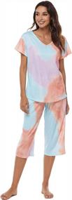 img 3 attached to Stylish Tie Dye Pajama Sets For Women: V Neck Top + Capri Pants For Comfy & Chic Sleepwear