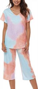 img 4 attached to Stylish Tie Dye Pajama Sets For Women: V Neck Top + Capri Pants For Comfy & Chic Sleepwear