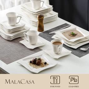img 2 attached to Набор фарфоровой посуды MALACASA цвета слоновой кости и белого квадрата из 30 предметов на 6 персон с тарелками, мисками, чашками и блюдцами - серия Amparo