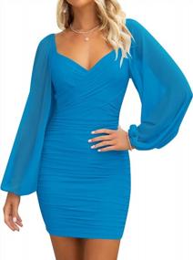 img 4 attached to ZESICA Women'S V-Neck Ruched Bodycon Mini Dress With Puff Sleeves For Cocktail, Wedding & Party Events