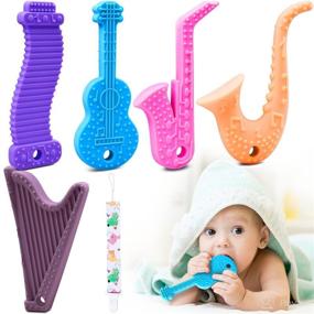 img 4 attached to Kaodezhu Baby Teether Toys 5-Pack: BPA Free Silicone, Musical Shapes for Relief, 0-12 Months