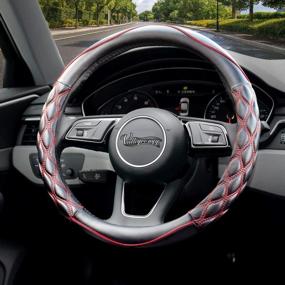 img 4 attached to Upgrade Your Driving Experience With Valleycomfy Steering Wheel Cover - Anti-Slip, Breathable, And Odorless PU Leather With Pathwork Pattern - Universal Fit For 15 Inch Wheels (Black With Red Line)