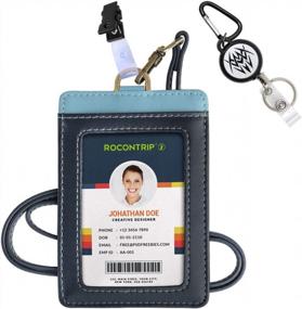 img 4 attached to Protect Your ID With ROCONTRIP Leather RFID Blocking Badge Holder - Dark Blue With Light Blue Vertical Design