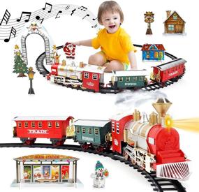 img 4 attached to Классический рождественский поезд с фарами, дымом, реалистичными звуками, 3 вагонами и 11-футовой дорожкой - идеальный аксессуар для детей и праздничных украшений - поезд DeAO для рождественских елок