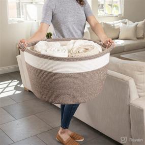 img 2 attached to Extra Large Cotton Rope Basket – 22”W x 14”H – Off-White and Brown - Versatile Blanket Storage Basket Organizer – Elegant and Modern Design – Perfect for Baby Nursery, Toys, Towels, Laundry Bin