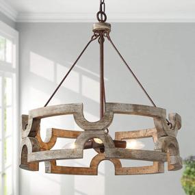 img 3 attached to RUZINIU Farmhouse Chandeliers For Dining Rooms, Drum Chandelier Lighting Fixture In Ancient Wood Color With Dots, W19.5 XH21