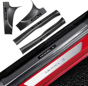 img 4 attached to BMZX Tesla Model 3 Door Sill Protector: Carbon Fiber Scuff Plate Guard Set (4 Pcs) for Front and Rear Door Sills