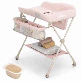 img 4 attached to Портативный складной пеленальный столик для младенцев с регулируемой высотой, ремнем безопасности, стеллажом для сушки и хранения, мобильной подставкой-органайзером на колесах для новорожденных - розовый