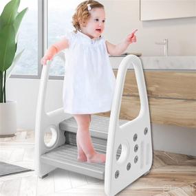 img 4 attached to 👣 Grey Toddler Step Stool: Two Step Standing Tower for Bathroom Sink, Kitchen Counter, Toilet, Potty, Learning Helper with Handles and Armrests