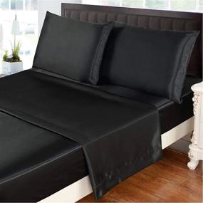 img 2 attached to HollyHOME Silky Soft Luxury 4 Piece Deep Pocket King Satin Sheet Set, Free Fitted Sheet Straps Included, Black