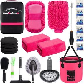 img 4 attached to AUTODECO 22-Piece Car Wash Cleaning Tools Kit | Car Detailing Set with Black Canvas Bag | Pink Collapsible Bucket, Wash Mitt, Sponge Towels, Tire Brush, Window Scraper, Duster | Complete Interior Car Care Kit