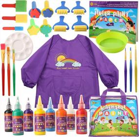 img 4 attached to Kids Paint Set For Toddler Painting - Non Toxic Washable Finger Paints, Brushes, Paper Pad & Smock!