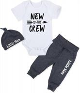 adorable newborn outfit: "new to the crew" romper, pants, and hat set for baby boy logo