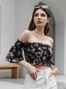 img 2 attached to Floral Off Shoulder Crop Top With Frill Trim And Smocked Detail For Women By Verdusa