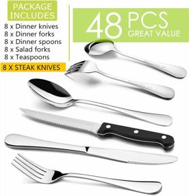 img 3 attached to Modern 48-Piece Stainless Steel Flatware Cutlery Set With Steak Knives For 8, Mirror-Polished Eating Utensils For Home And Hotel, Dishwasher-Safe Silverware Set With Knives, Forks, And Spoons