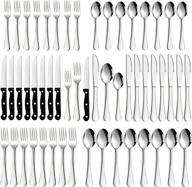 modern 48-piece stainless steel flatware cutlery set with steak knives for 8, mirror-polished eating utensils for home and hotel, dishwasher-safe silverware set with knives, forks, and spoons logo