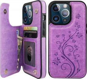 img 4 attached to Stylish And Practical IPhone 13 Pro Wallet Case With Card Holder And Magnetic Car Mount - Vaburs Embossed Butterfly Pattern PU Leather Cover In Purple