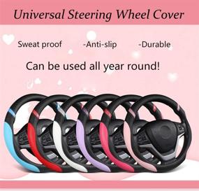 img 1 attached to 🔵 Universal Blue Leather Steering Wheel Cover for Women - 15 inch Car Accessory