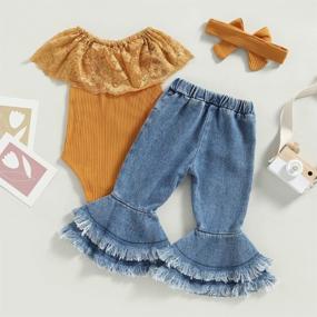 img 3 attached to Boho Baby Girl Outfit: Lace Romper, Ruffle Jeans & Headband For A Retro Spring Look By Woshilaocai