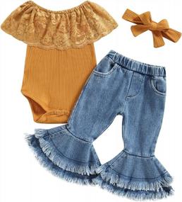 img 4 attached to Boho Baby Girl Outfit: Lace Romper, Ruffle Jeans & Headband For A Retro Spring Look By Woshilaocai