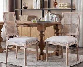 img 3 attached to Beige Fabric French Distressed Tufted Dining Room Chairs With Rectangle Rattan Back, Set Of 2 - Kmax Farmhouse Bedroom Kitchen