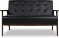 mid-century modern loveseat sofa upholstered in faux leather with solid wood arms for living room/outdoor lounge - 2-seater couch, 50”w in black by jiasting логотип