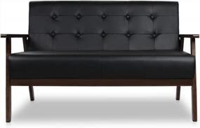 img 4 attached to Mid-Century Modern Loveseat Sofa Upholstered In Faux Leather With Solid Wood Arms For Living Room/Outdoor Lounge - 2-Seater Couch, 50”W In Black By JIASTING
