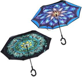 img 4 attached to 🌂 Stylish 2-Pack Double Layer Inverted Umbrellas - Glaxy Flower and Peacock C Shaped Handle Reverse Folding Windproof Umbrella for Men and Women