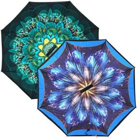 img 3 attached to 🌂 Stylish 2-Pack Double Layer Inverted Umbrellas - Glaxy Flower and Peacock C Shaped Handle Reverse Folding Windproof Umbrella for Men and Women