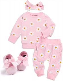 img 4 attached to Newborn Baby Girl Clothes Outfit Set - Long Sleeve Sweatshirt Tops, Pants, Shoes & Headband