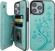 protective green pu leather case with card holder & magnetic mount compatibility for iphone 14 pro max - vaburs embossed butterfly pattern flip cover logo