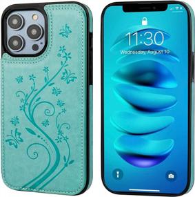 img 2 attached to Protective Green PU Leather Case With Card Holder & Magnetic Mount Compatibility For IPhone 14 Pro Max - Vaburs Embossed Butterfly Pattern Flip Cover