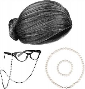 img 4 attached to 100 Days Of School Dark Gray Old Lady Wig Costume Set For Grandma Granny Glasses Artificial Pearl Necklace Halloween Dress Up Party - 5 Pieces
