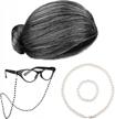 100 days of school dark gray old lady wig costume set for grandma granny glasses artificial pearl necklace halloween dress up party - 5 pieces logo