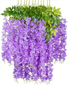 img 4 attached to 45In 3.7Ft Wisteria Artificial Flower Bushy Silk Vine Rattan Hanging Garland For Wedding Party Garden Outdoor Greenery Office Wall Decoration - 12 Pack (Purple)