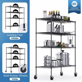 img 3 attached to NSF-Certified Commercial Grade 4-Tier Adjustable Wire Shelving With Wheels - 48X18X72" Heavy Duty Metal Storage Unit For Kitchen, Garage - Matte Black